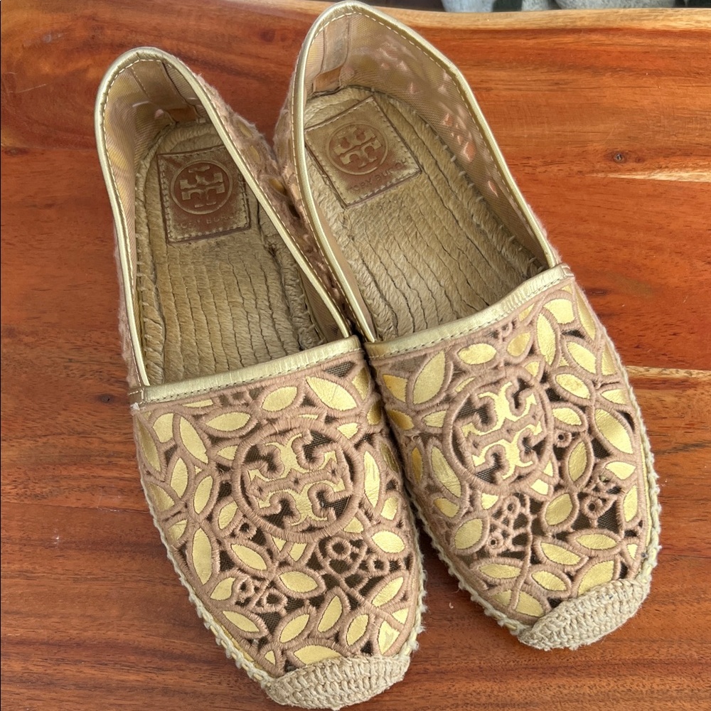 Tory Burch Tan and Gold Espadrilles size 9